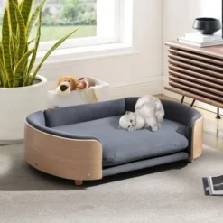 Bulldog Large Size XL Dog Beds With Removable Cover, Velvet Cushion With Solid Wood legs and Bent Wood Back-The Pop Maison