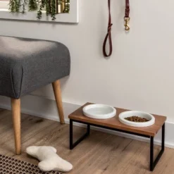 Boots & Barkley Modern Short Metal Elevated Dog Bowl with Natural Wood Top - Black - Boots & Barkley™