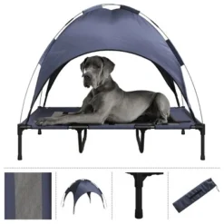 Elevated Dog Bed with Canopy - 48x36-Inch Portable Pet Bed with Non-Slip Feet - Indoor/Outdoor Dog Cot with Carrying Case by PETMAKER (Blue)
