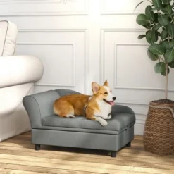 PawHut Pet Sofa, Dog Sofa, Elevated Pet Bed for Small and Medium Dogs, with Hidden Storage, Soft Tufted Cushion