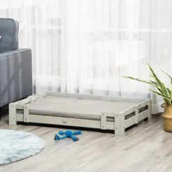 PawHut Elevated Dog Bed, Wooden Raised Pet Sofa, Portable Dog Couch Cat Lounge with Removable Washable Cushion for Large Dogs and Cats, Light Gray