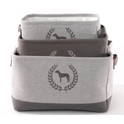 Precious Tails Linen Storage Bins - 3pk - Dog Crest, Pet Gear Organizer, Elegant Home Decor, Durable & Easy Clean